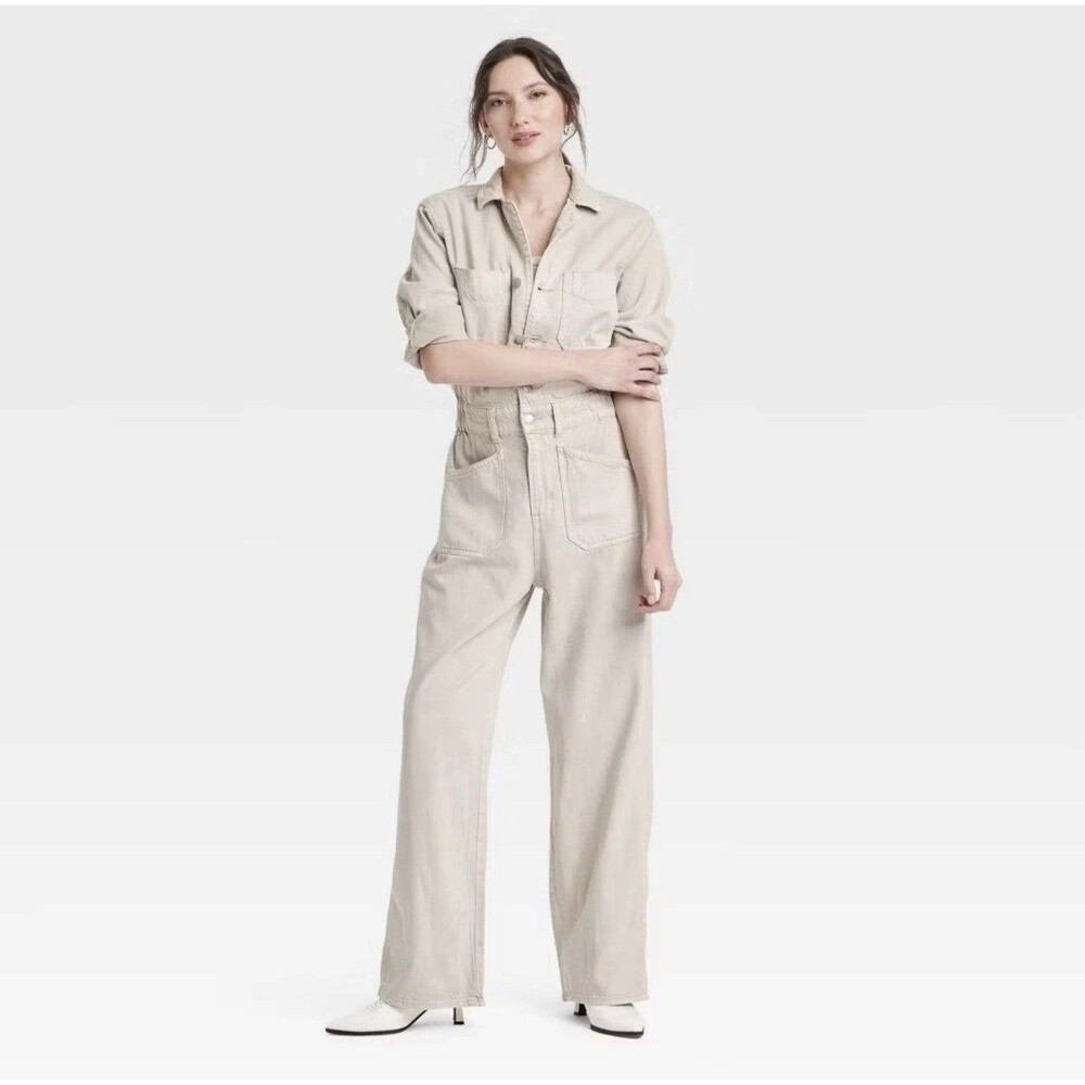 NWT Women's Denim Baggy Jumpsuit - Universal Thread Beige One Piece Size 4